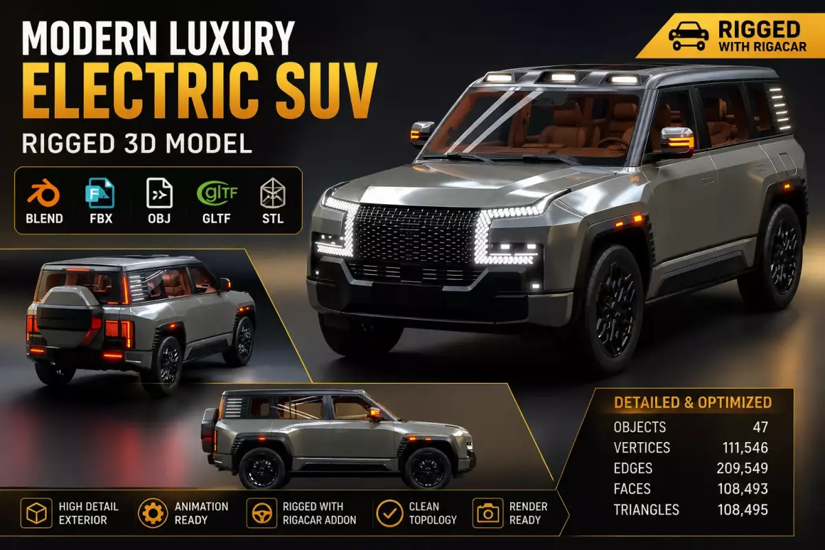 Modern Luxury Electric SUV Rigged 3D Model  Low-poly 3D model