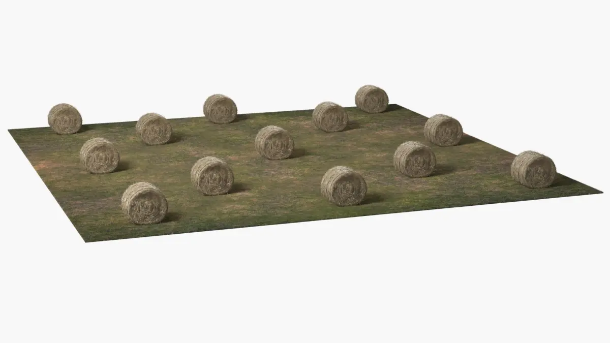 Farm Field with Round Hay Bale Rolls Golden Brown Fur 3D model