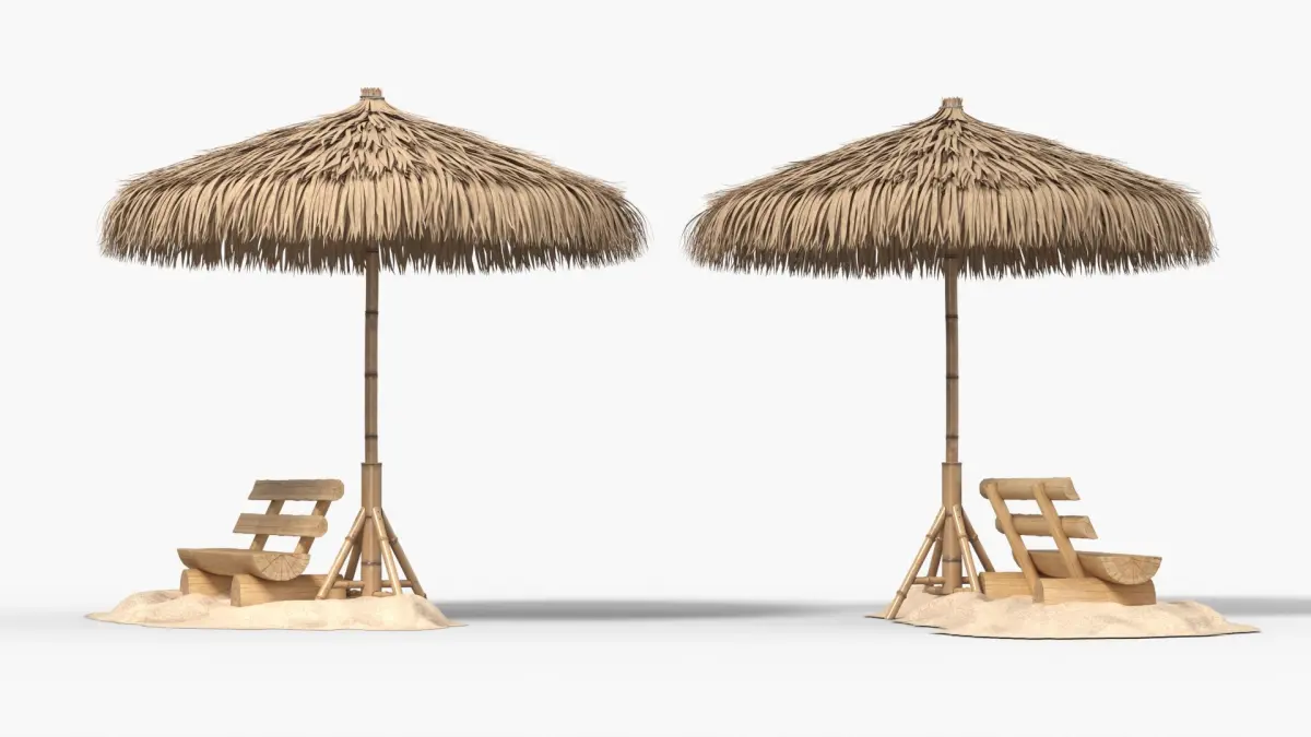 Wooden Bench under Straw Umbrella on Sand 3D model