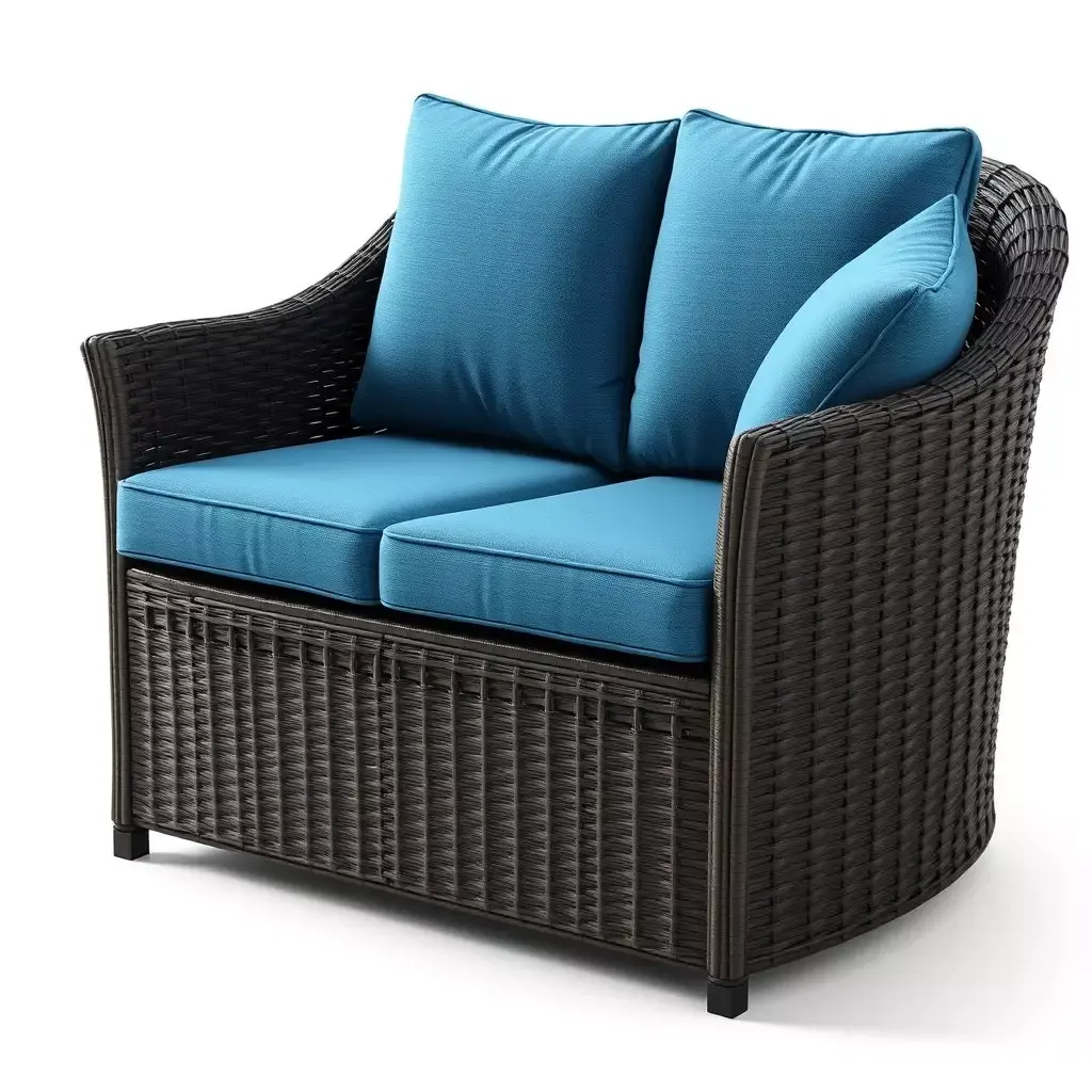 Outdoor Rattan Loveseat Blue Cushions Low-poly 3D model