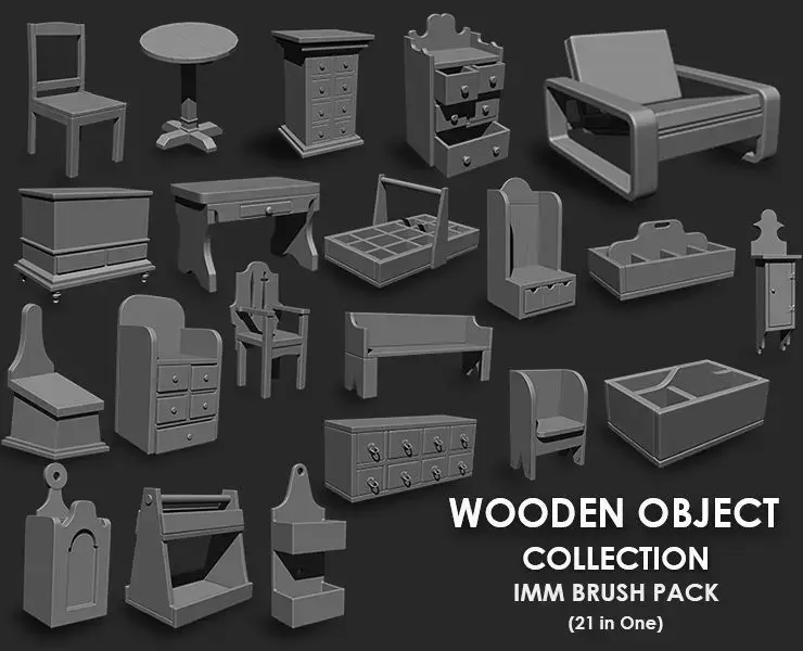 Wooden Object Collection IMM Brush Pack 21 in One 3D model
