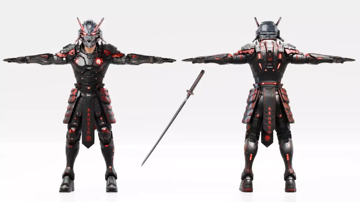 Cyberpunk Robot Samurai - Rigged Low-poly 3D model
