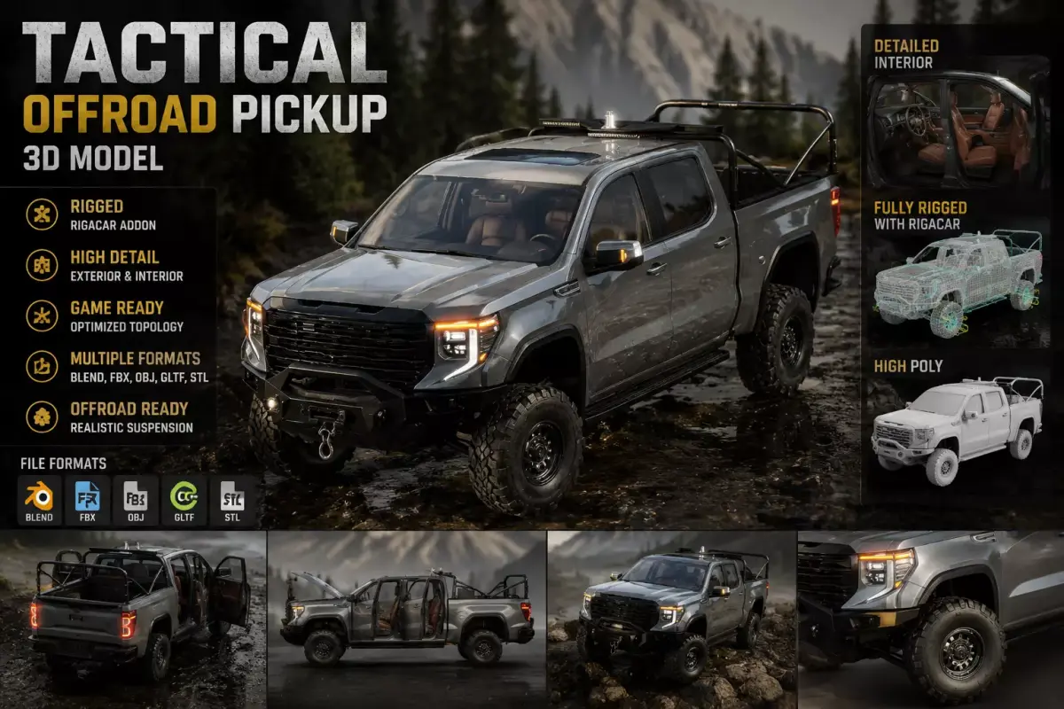 Heavy Duty Offroad Pickup Truck 3D Model for Games Low-poly 3D model
