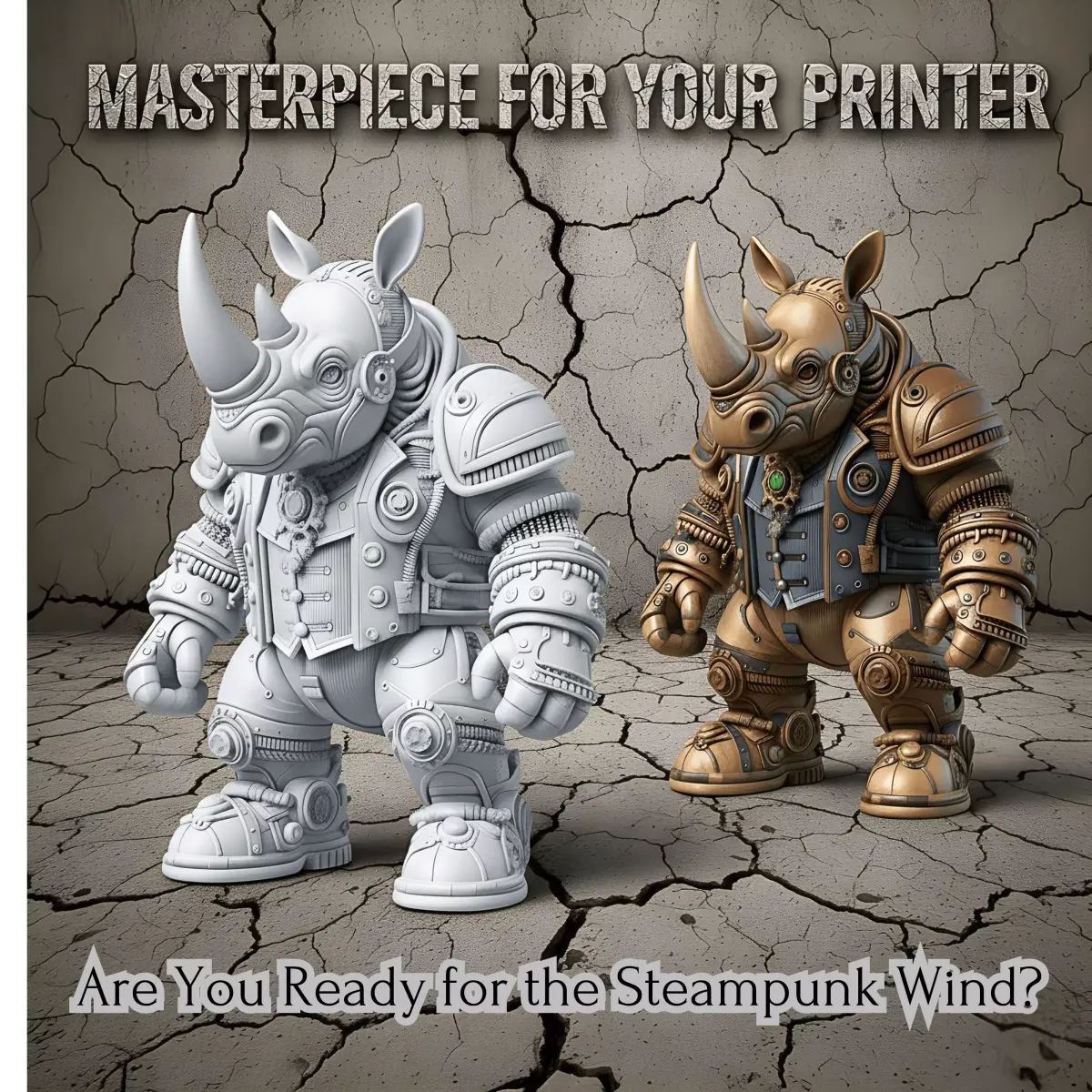 Steampunk Warrior Rhino STL File - 3D Printed Mecha Figure  3D print model