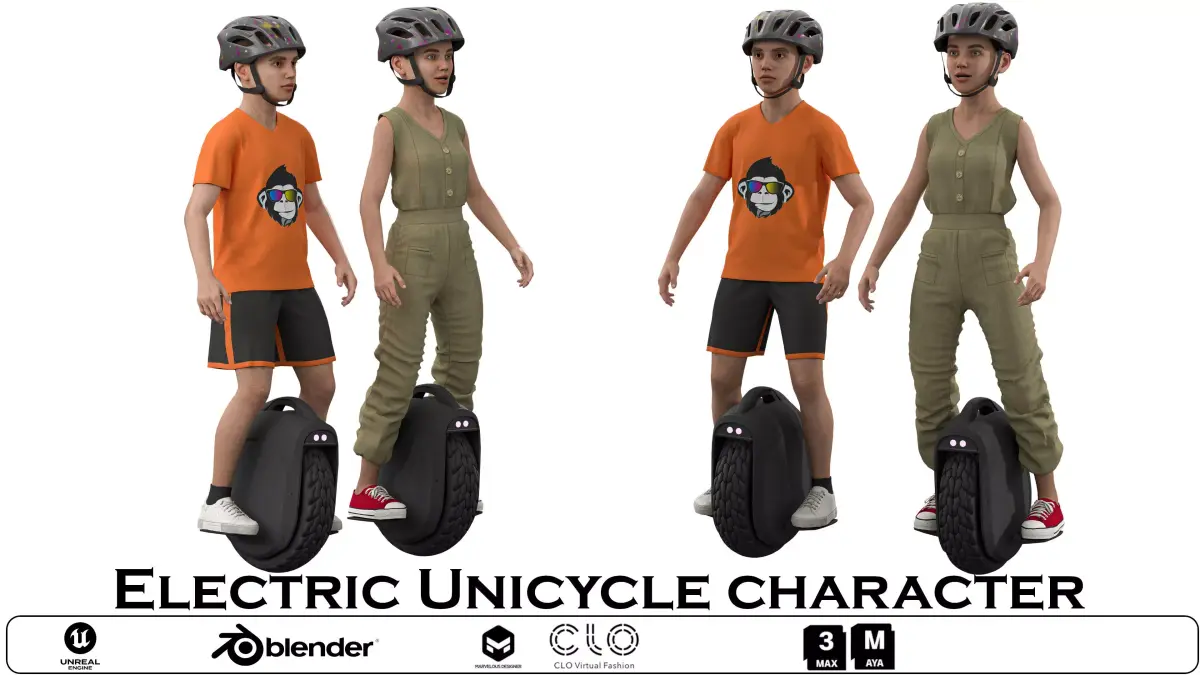 Electric Unicycle character Low-poly 3D model