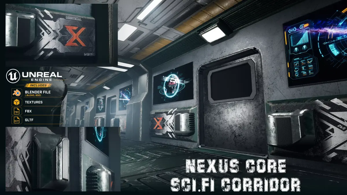 NEXUS CORE Sci-Fi Spaceship Corridor Modular Hallway Low-poly 3D model
