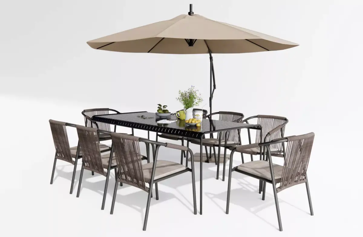 Modern Outdoor Wicker Dining Set with Umbrella Low-poly 3D model
