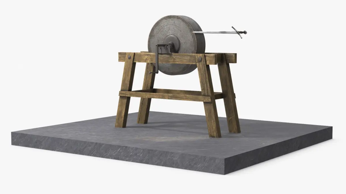 Manual Sharpening Wheel with Medieval Sword Animated Rigged 3D model
