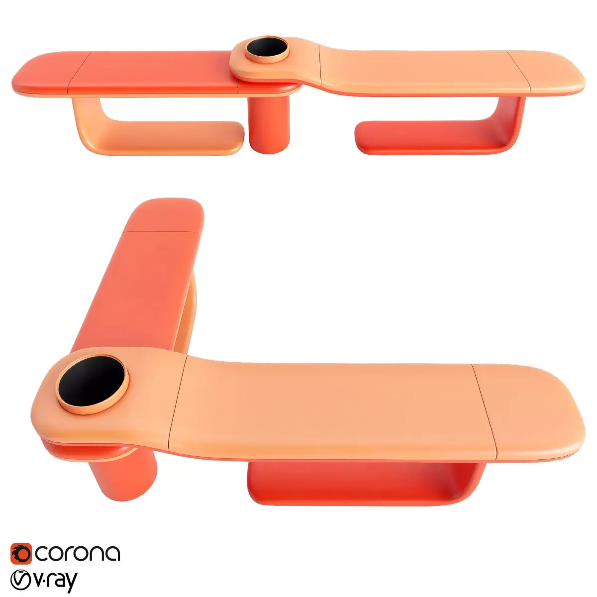 Outdoor bench in a modern style with a flower bed or urn Low-poly 3D model