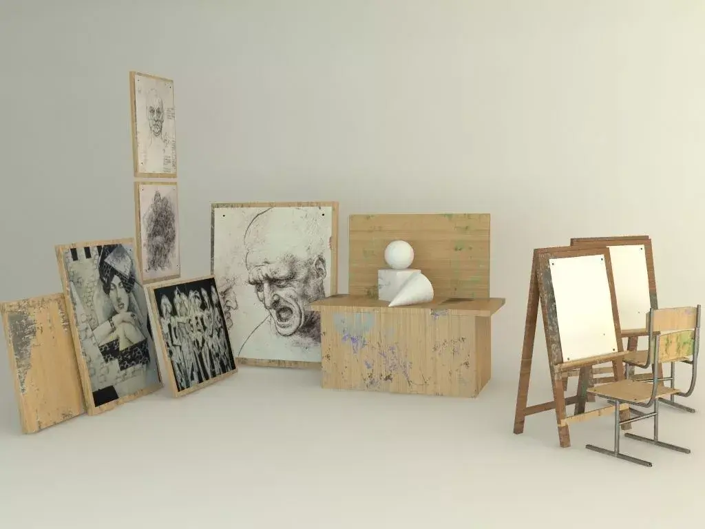 paintingroom art studio with desk and chairs Free 3D model
