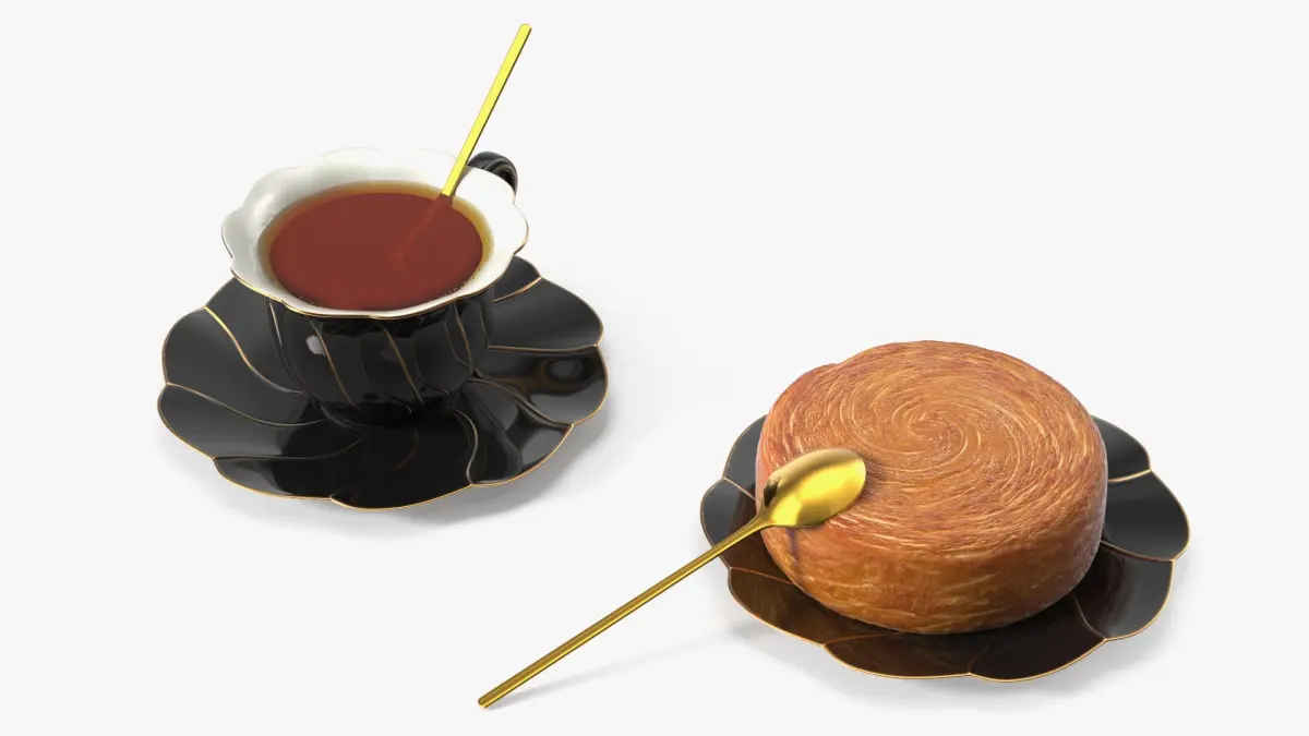 Tea Tableware Set with Cup Saucer and Pastry 3D model