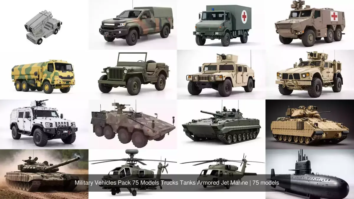 Military Vehicles Pack 75 Models Trucks Tanks Armored Jet Marine