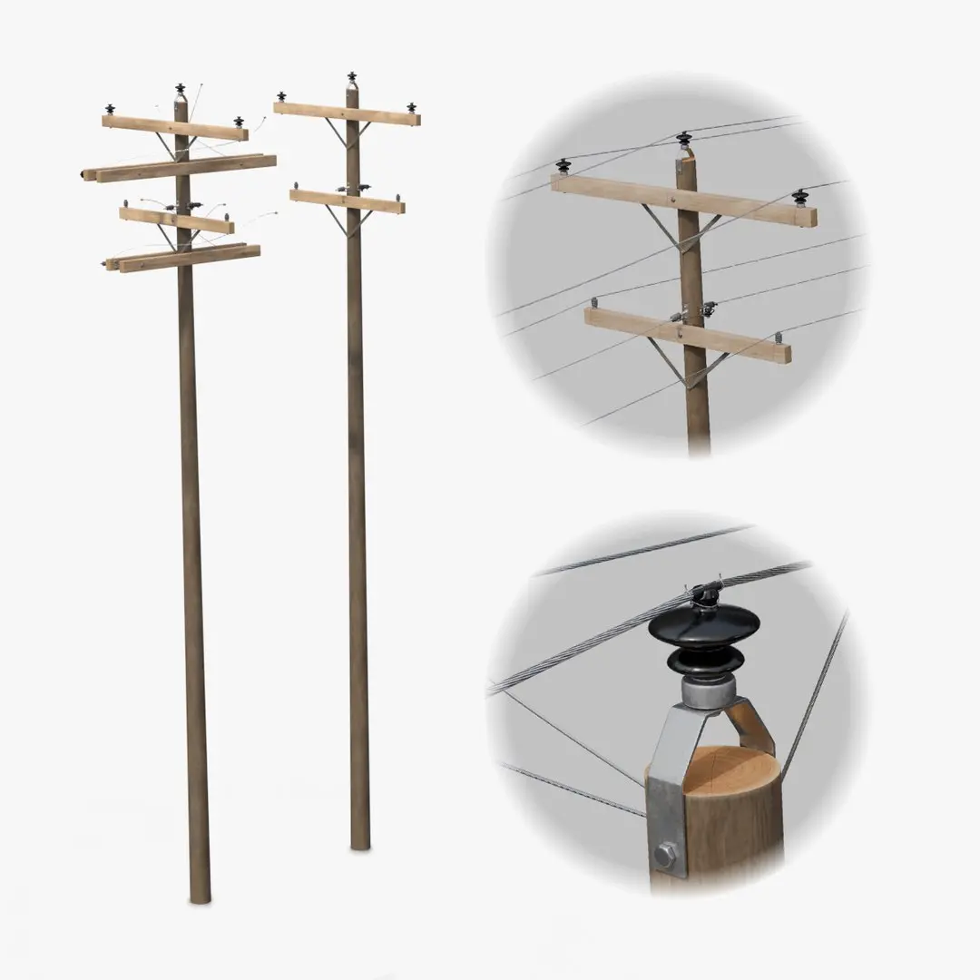 Utility Pole - Dark Wooden Mast with Double Crossarms 3D model