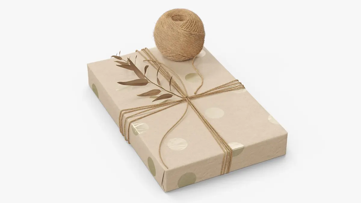 Gift Box Wrapped Jute Twine with Decorative Twig 3D model
