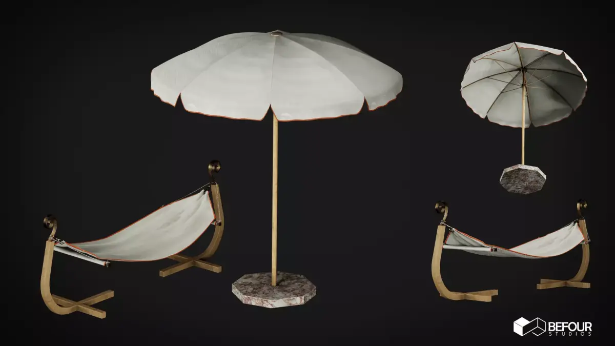 Pool Set - Sunbed and Umbrella Low-poly 3D model