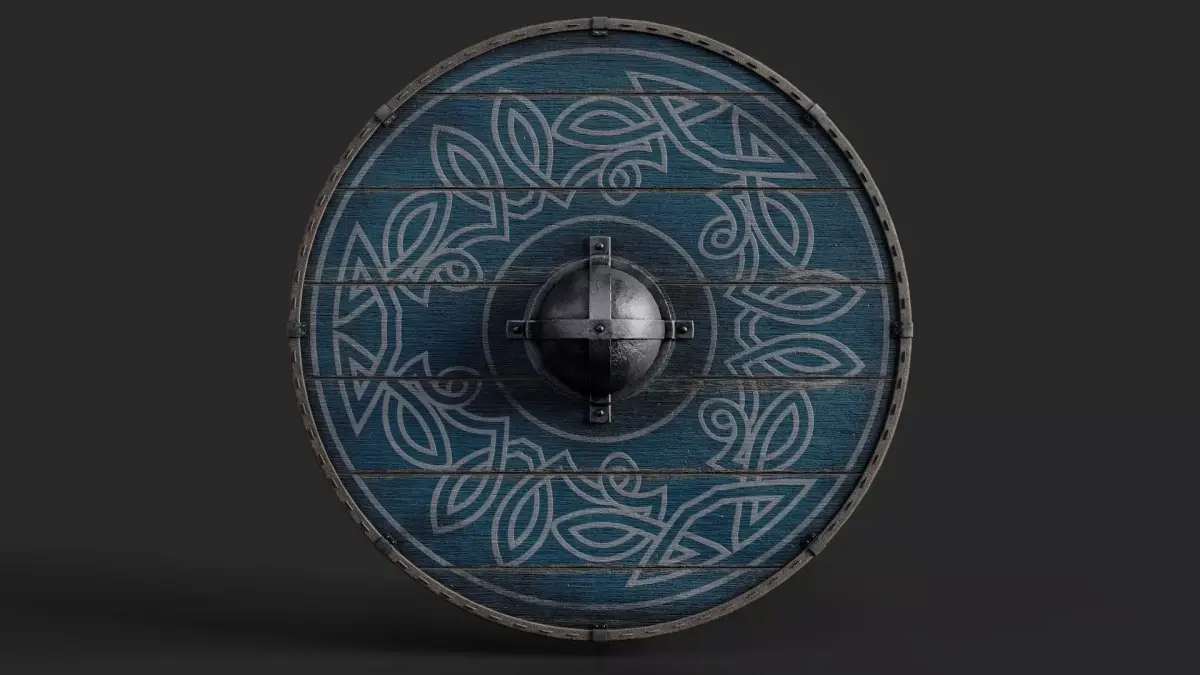 Slavic round wooden shield-painted blue with nordic symbol Low-poly 3D model purchase