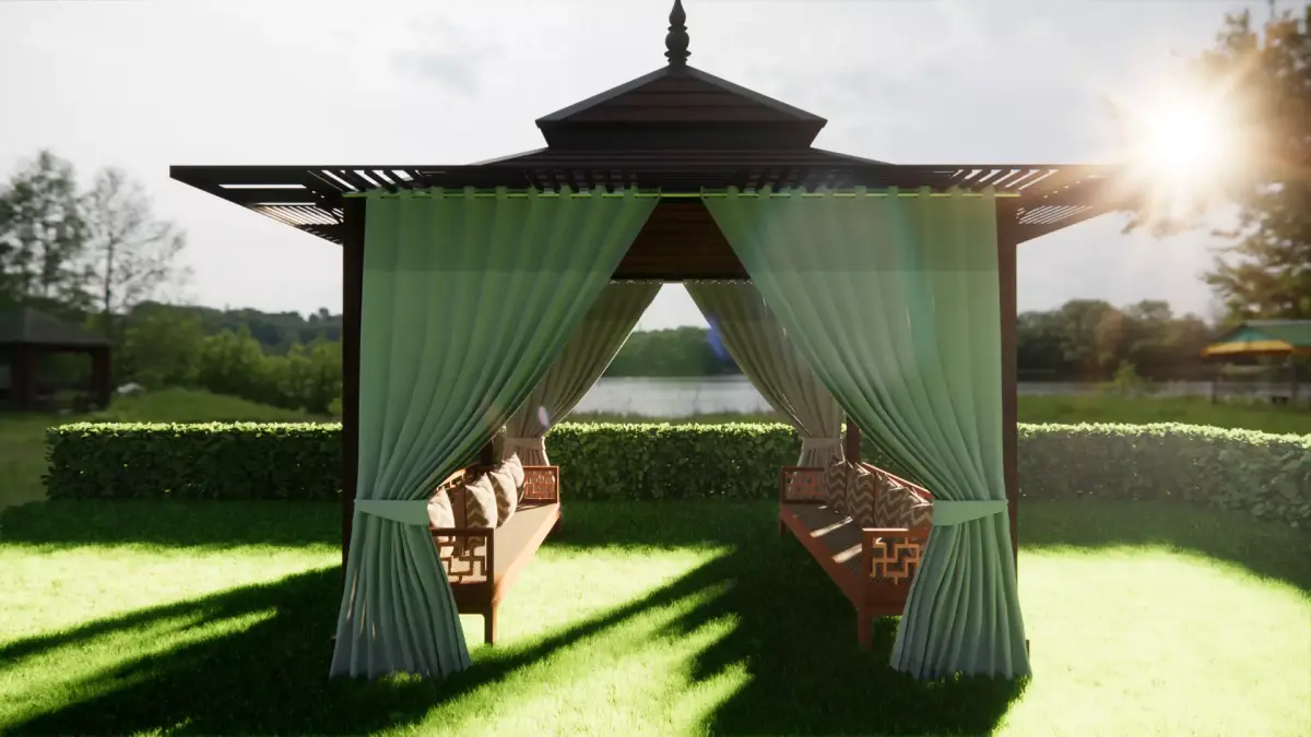 wooden pergola with curtain  3D model