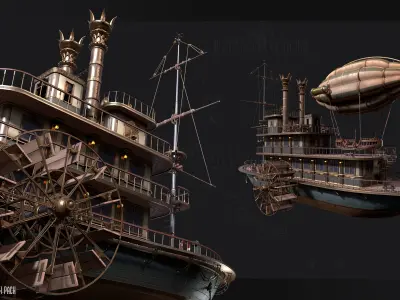 Steampunk Passenger Ship Model Game Ready Kitbash Textured Low-poly 3D model