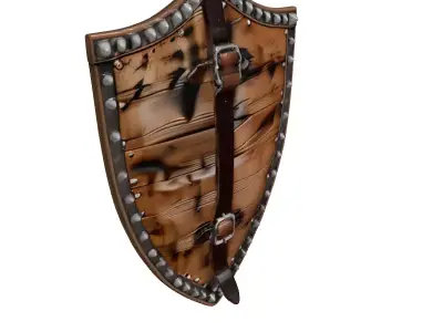 Worn Wooden Shield with Iron Studs 3D model
