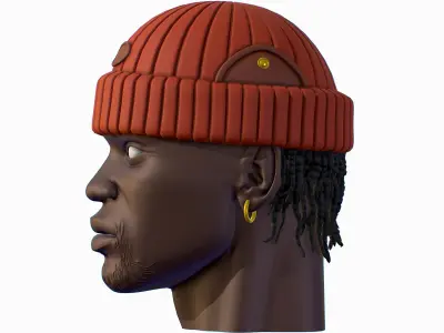 High Poly Male African American Head Warm Hat Low-poly 3D model