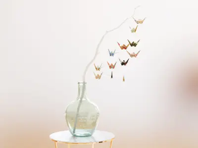 Large glass carboy with decorative origami birds 3D model