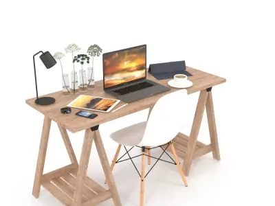 Desk set with laptop and chair 3D model