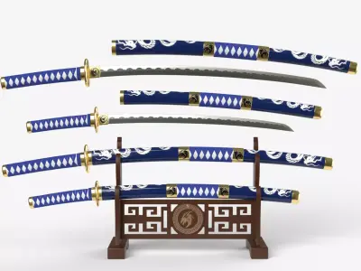 Blue Double Bladed Katana Wakizashi and Stand 3D model