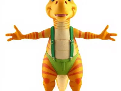 Rigged and Animated Striped Dinosaur Character with Green Ove... Low-poly 3D model