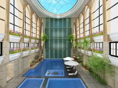 Indoor Pool with Patio and Tropical Greenery 3D model