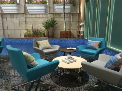 Indoor Pool with Patio and Tropical Greenery 3D model