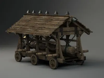 medieval-battering-ram wooden cart with wooden roof 3D model