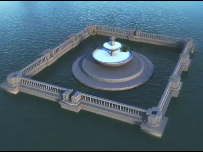 Fountain in middle of body of water 3D model