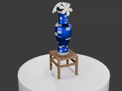 Decorative Vase with Flowers on Wooden Stool Free 3D model