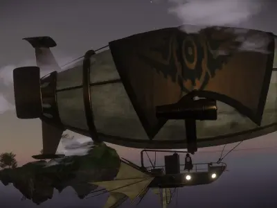 Rigged steam punk character and airship scene 3D model