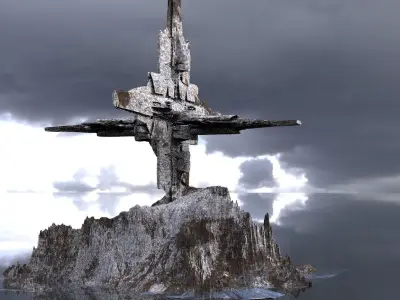 Military Alien Ship cut into mountain 3D model