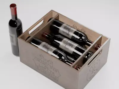 Premium Wine Crate Set with Bottles  Photorealistic Wooden Box  3D model
