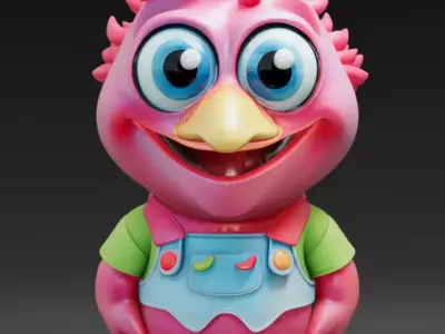 Cute Pink Bird Toy Cartoonish Character Overalls 3D Low-poly 3D model