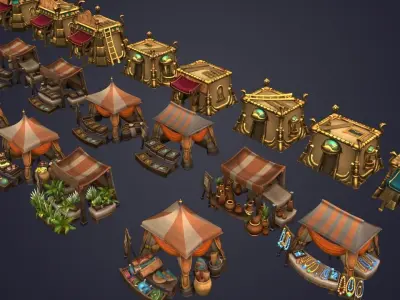 Medieval Market Vegetable Stalls Tent Pack Low-poly 3D model