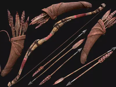 Wooden Bow and Quiver Medieval Archer Weapons Low-poly 3D model