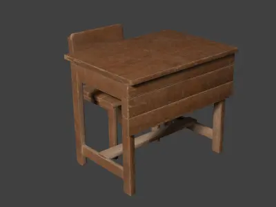 Old wooden school table and chair Free low-poly 3D model