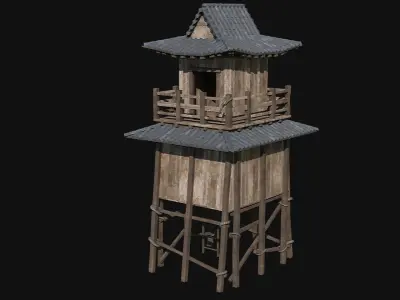 JAPANESE TOWER WATCHTOWER WALLS FEUDAL FENCE COLLECTION Low-poly 3D model