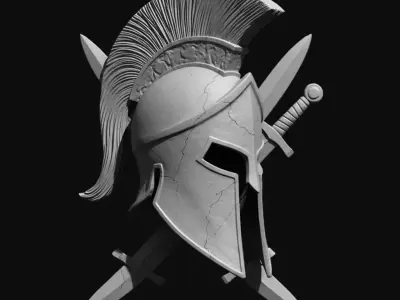 Spartan Helmet with Crossed Swords Sculpture 3D print model