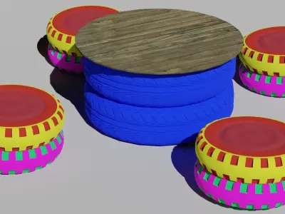 Outdoor table from recycled tires Low-poly 3D model