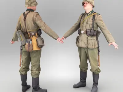 German Wehrmacht soldier in full gear ready for animation 383 Low-poly 3D model