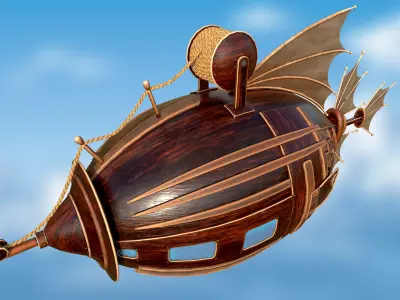 Airship PBR game ready steampunk ship flying in sky Low-poly 3D model