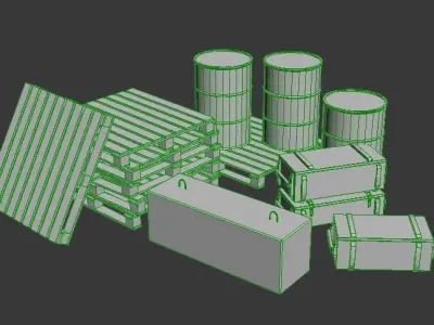 Low poly models for games barrels pallets military crates block Low-poly 3D model