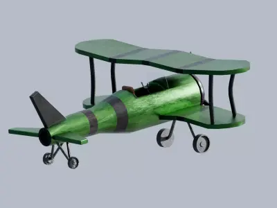 Low Poly Stylized Green Biplane Steampunk Toy Airplane Low-poly 3D model