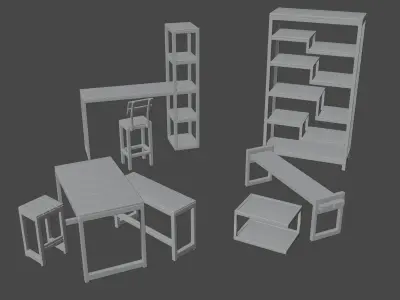 8 Different wood furniture elenements chairs and tables textured Free 3D model