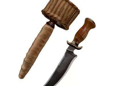 Damascus Hunting Knife Woven Scabbard 3D model