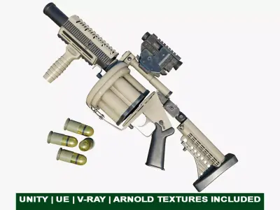 Grenade Launcher Gun All PBR Unity UE Textures Included Low-poly 3D model